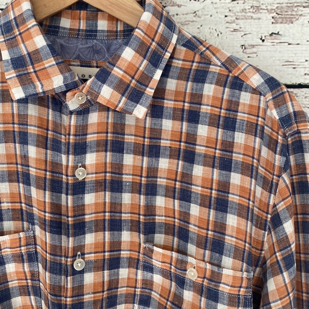 Joseph Abboud Men’s Linen Navy, Orange and White Shirt, Size Medium